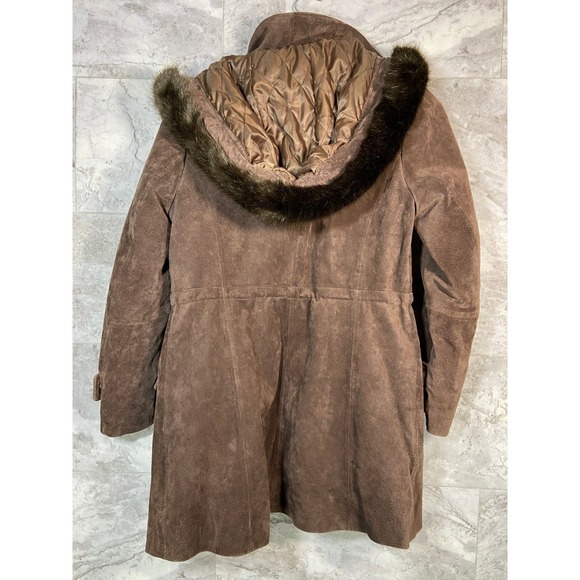 BGSD Womens Brown Suede Parka Jacket Fur Trim Hood Quilted Lined Coat M - Picture 2 of 16